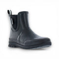Black rubber boot with elastic side panels on a white background