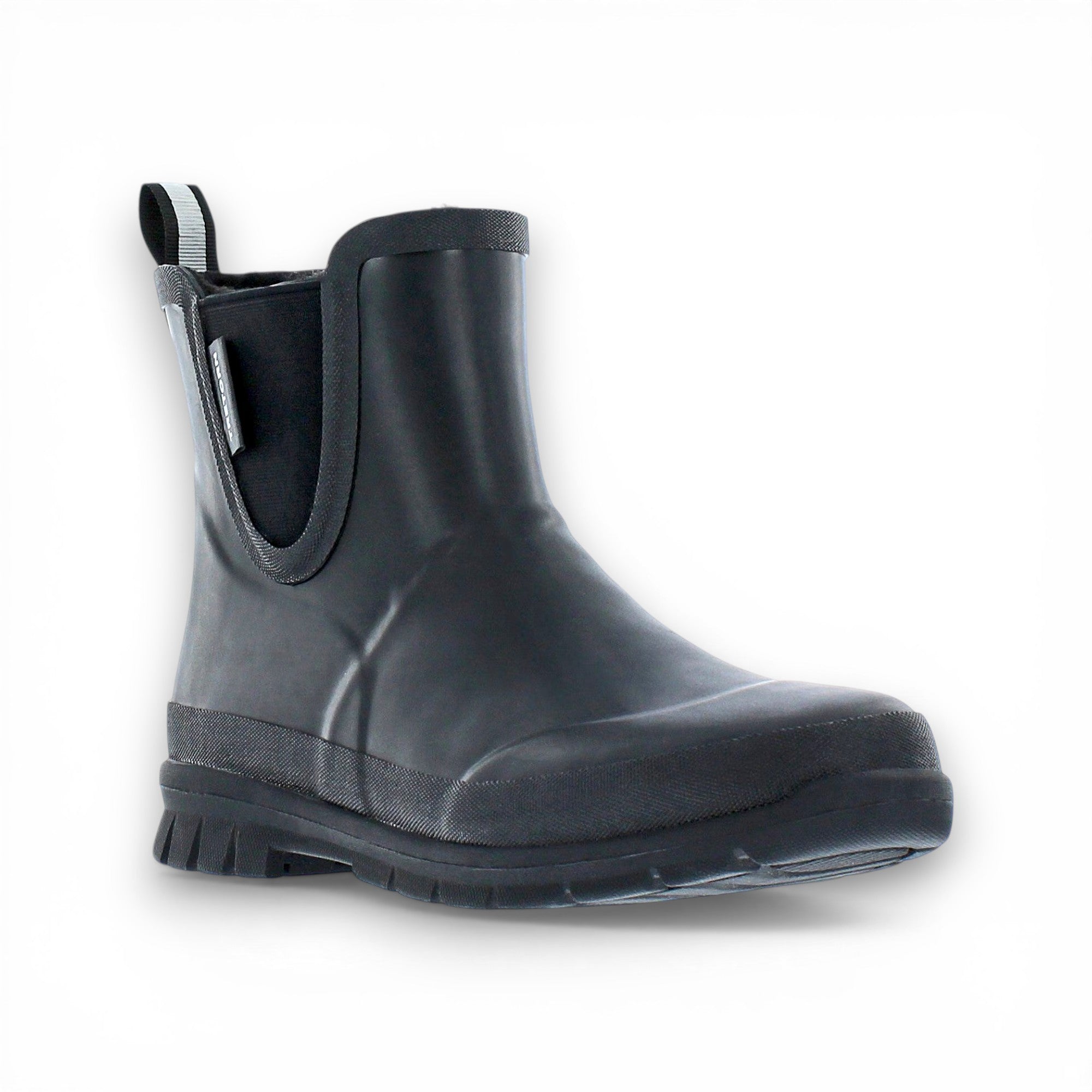 Black rubber boot with elastic side panels on a white background